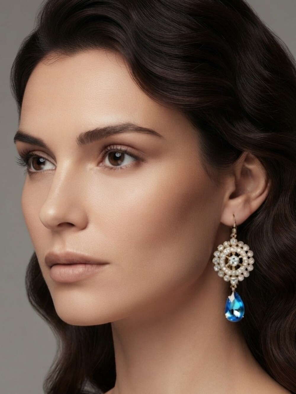 New Saks Fifth Avenue Gold Crystal Statement Earrings With Blue Teardrop